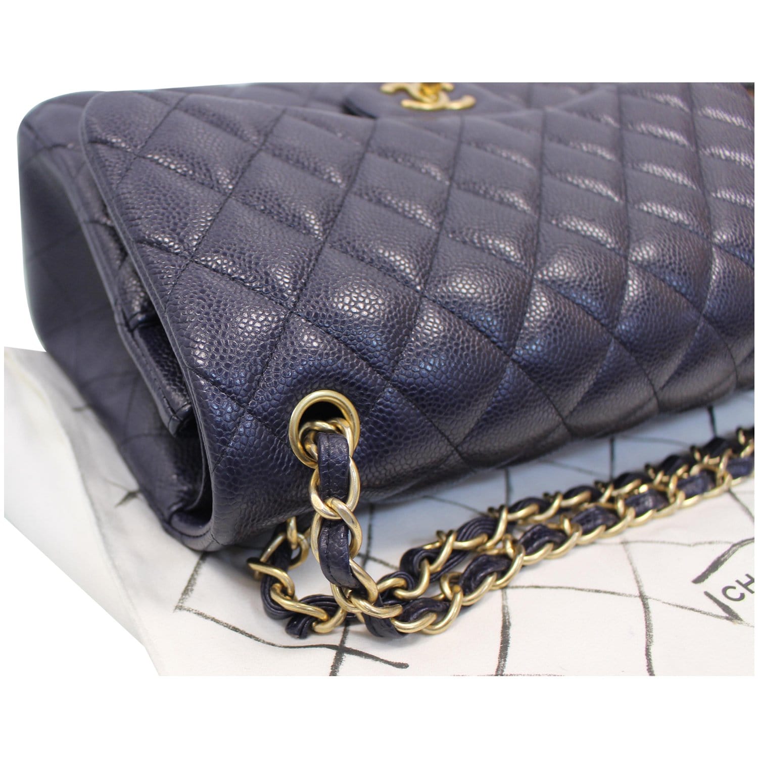 CHANEL Jumbo Double Flap Caviar Leather Shoulder Bag Navy Blue