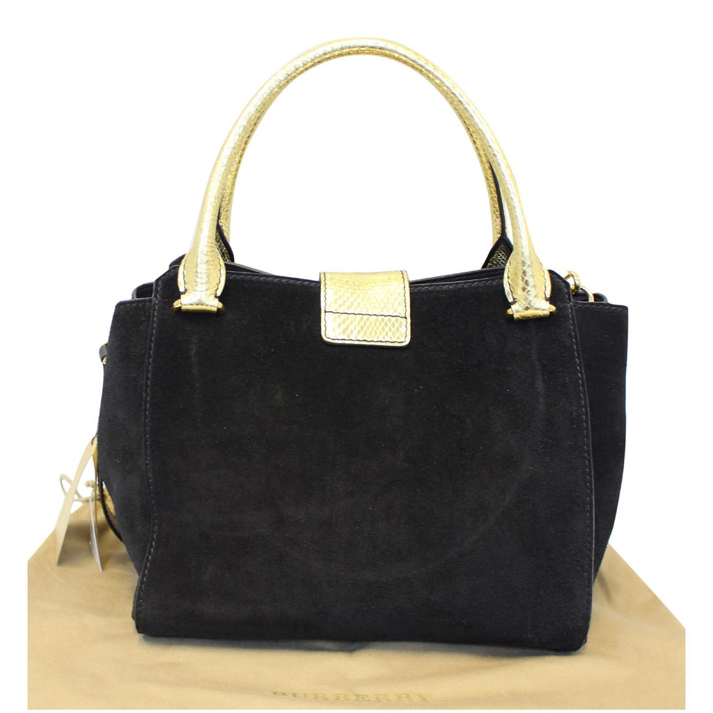 BURBERRY The Medium Buckle Suede and Snakeskin Tote Shoulder Bag Black