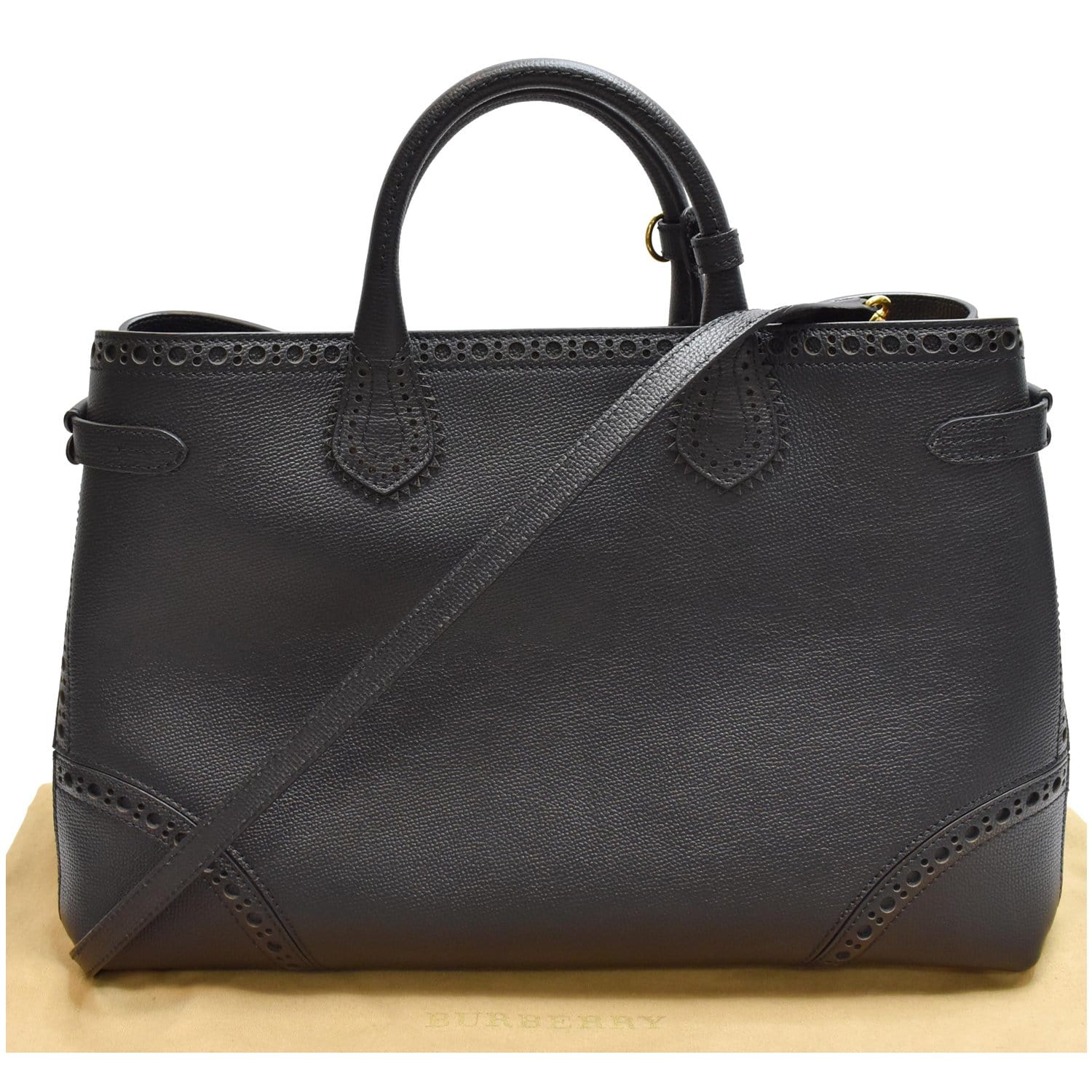 BURBERRY Large Banner Calfskin House Check Leather Tote Shoulder Bag Black