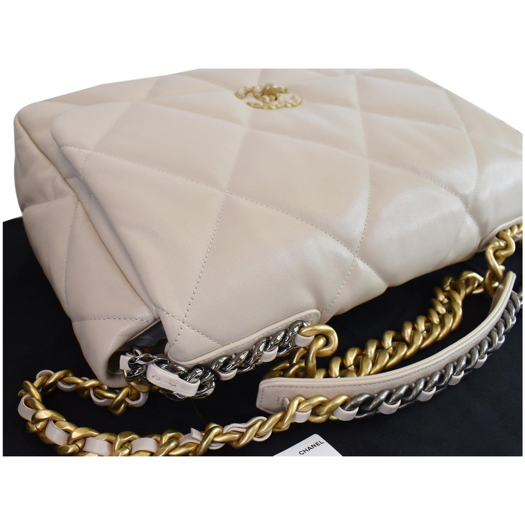 CHANEL Maxi 19 Quilted Goatskin Leather Shoulder Bag Beige