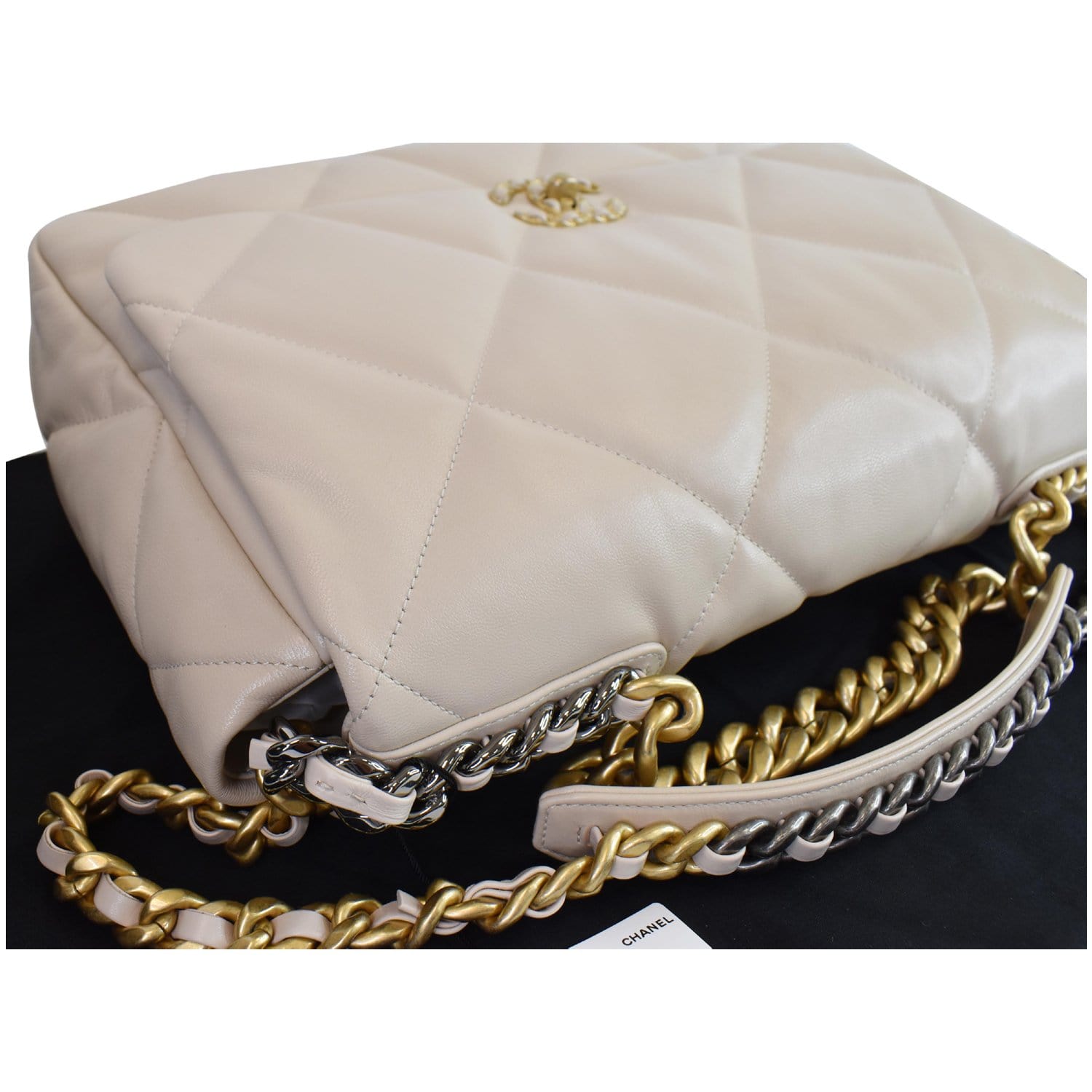 CHANEL Maxi 19 Quilted Goatskin Leather Shoulder Bag Beige