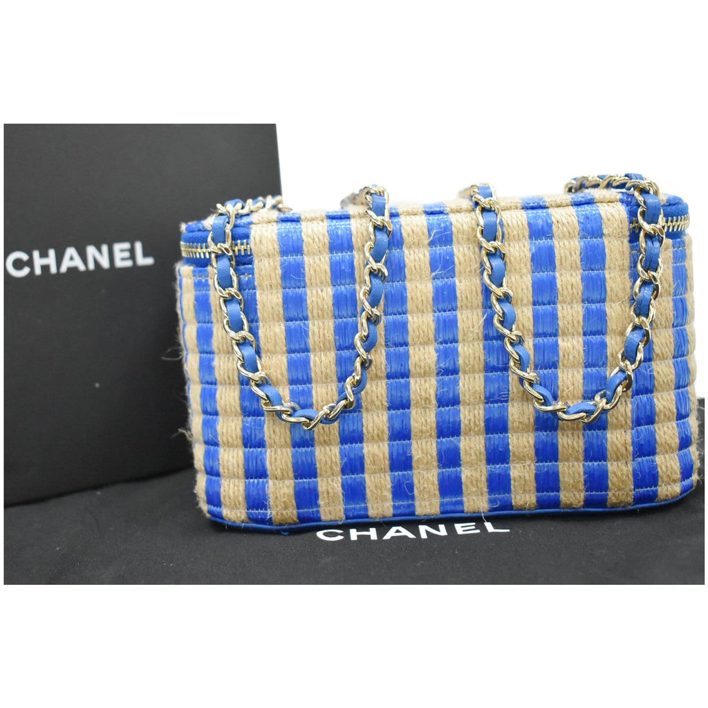 CHANEL Raffia Jute Striped Vanity Case Chain Crossbody Bag Blue - 10% OFF
