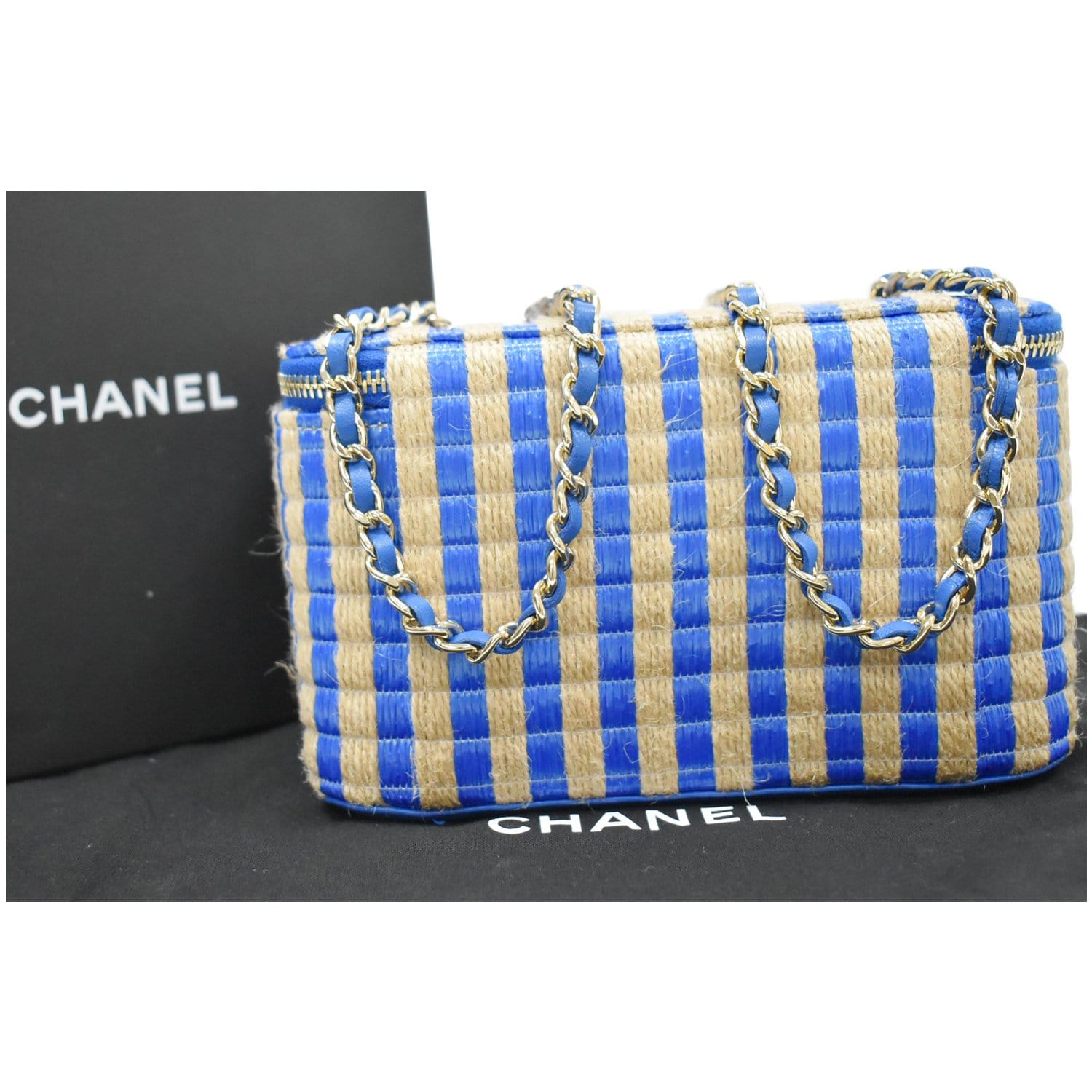 CHANEL Raffia Jute Striped Vanity Case Chain Crossbody Bag Blue - 10% OFF