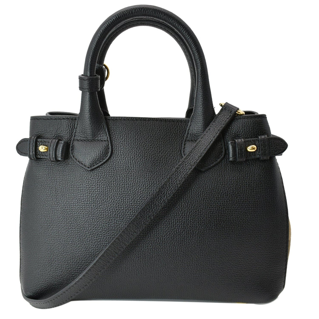 BURBERRY Derby Banner Small House Check Leather Tote Shoulder Bag Black