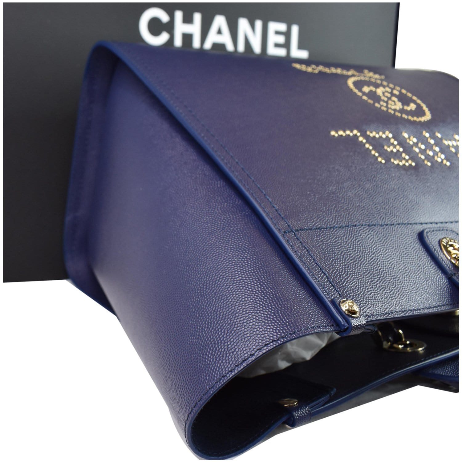CHANEL Deauville Studded Caviar Tote Shoulder Bag Blue