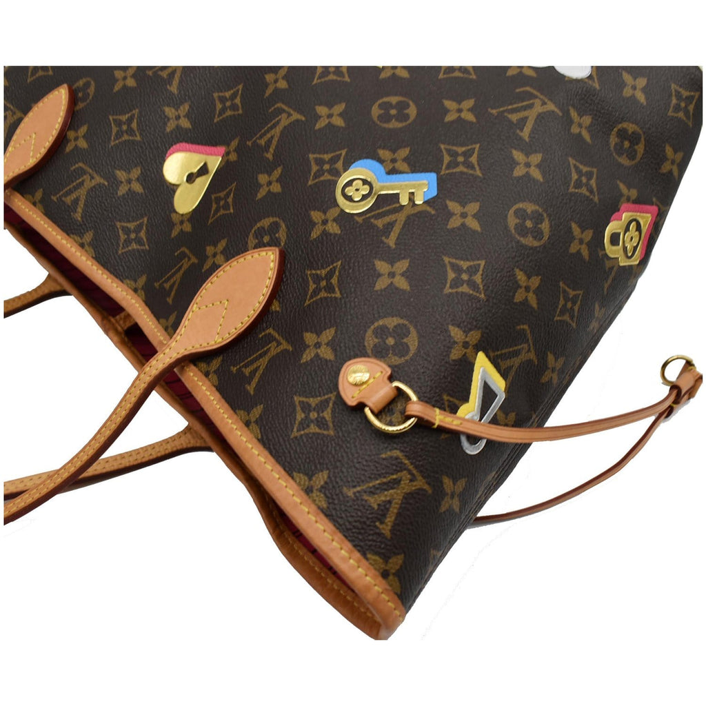 LOUIS VUITTON Love Lock Neverfull MM Monogram Canvas Tote Bag Brown