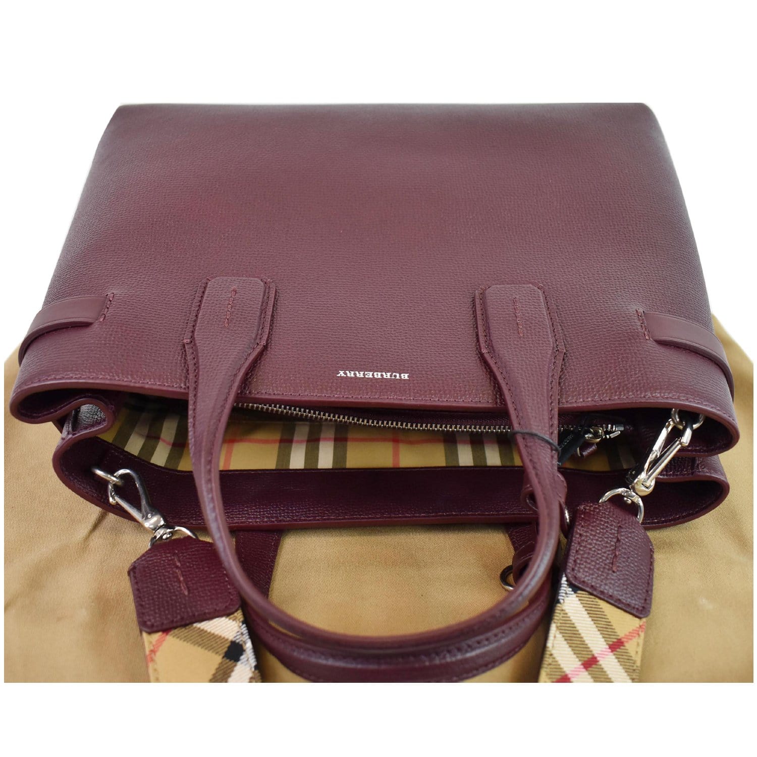BURBERRY Medium Banner Derby Leather Tote Shoulder Bag Red