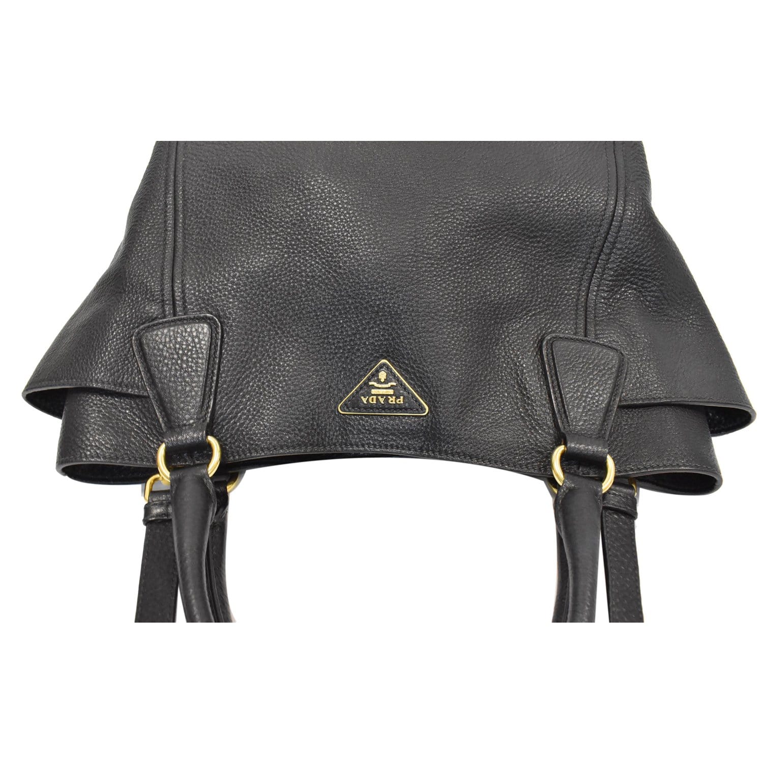 PRADA Vitello Daino Side-Pocket Leather Tote Shoulder Bag Black
