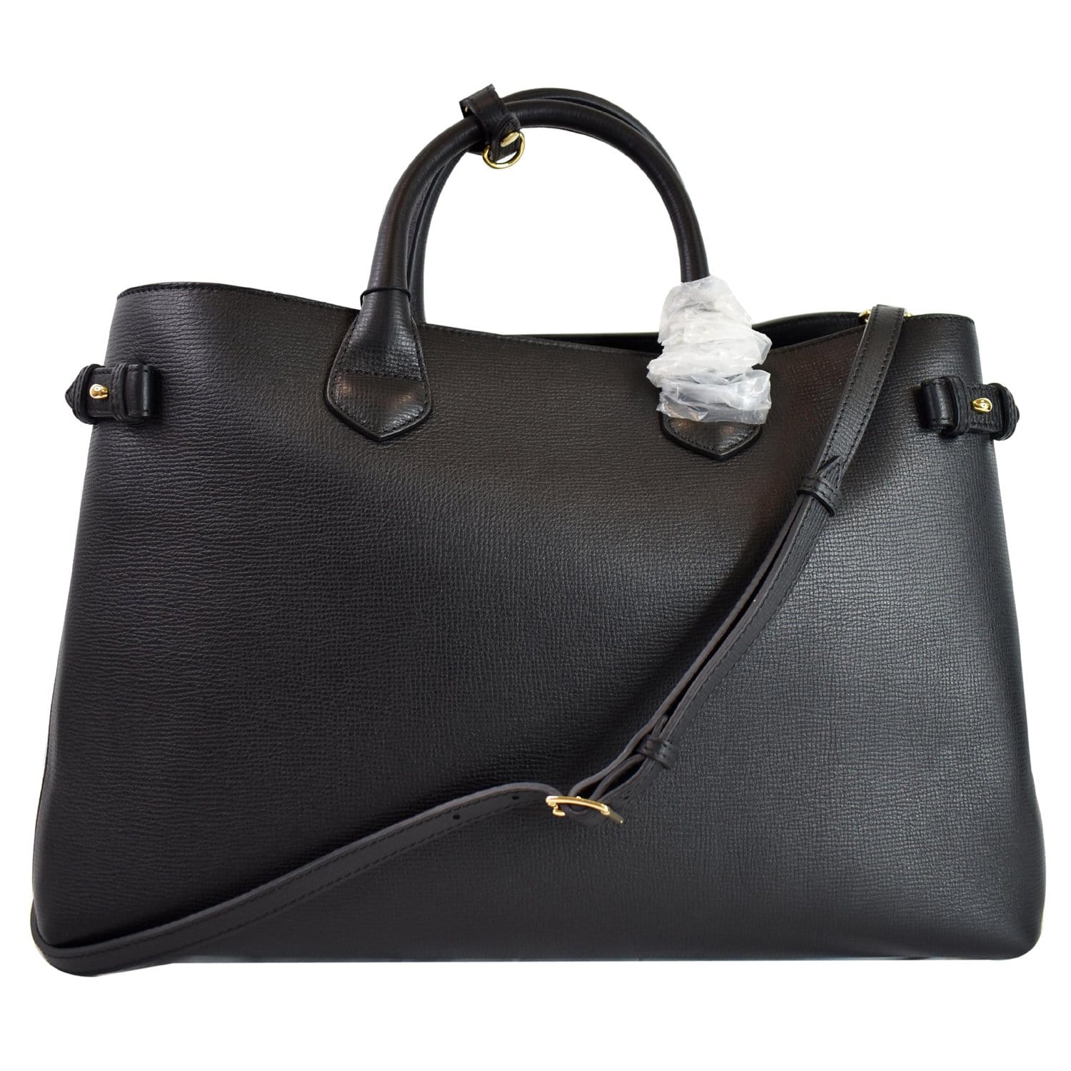 BURBERRY Large Banner House Check Leather  Tote Shoulder Bag Black