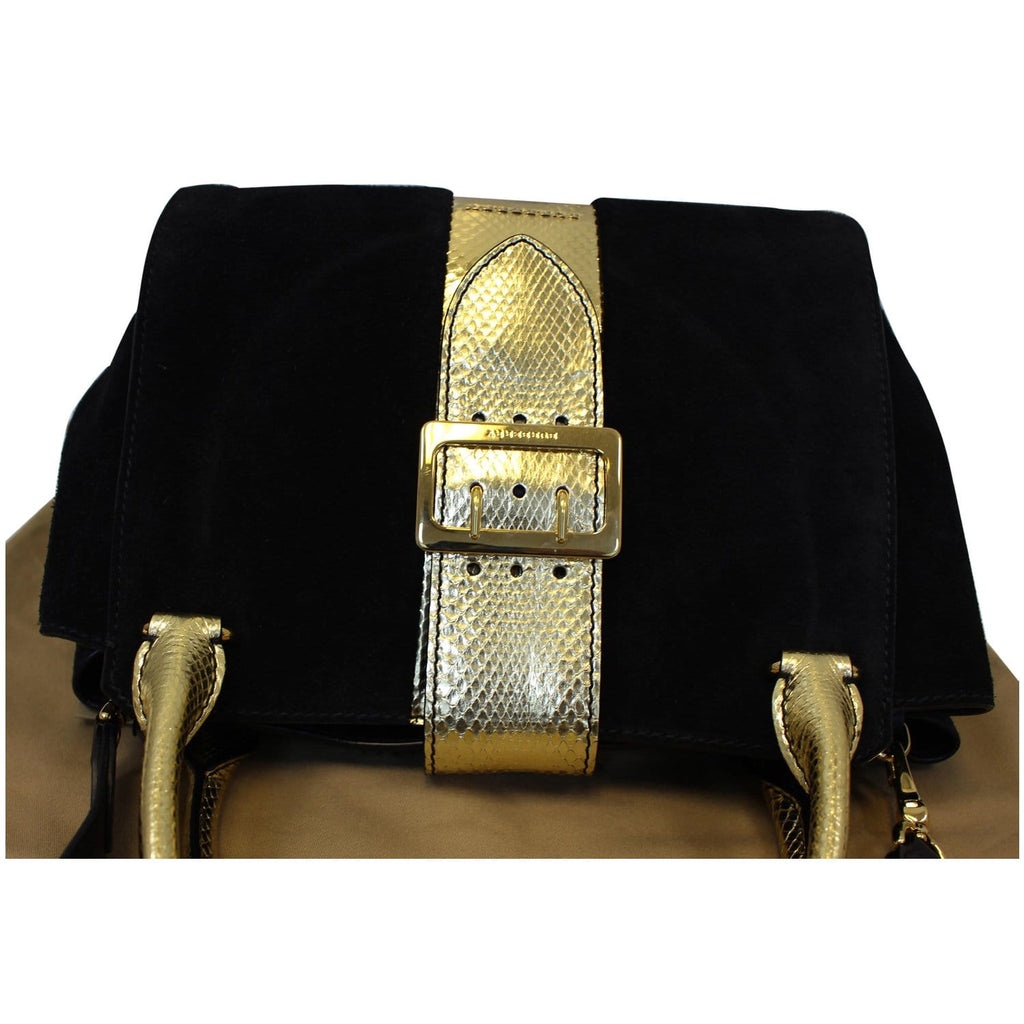 BURBERRY The Medium Buckle Suede and Snakeskin Tote Shoulder Bag Black