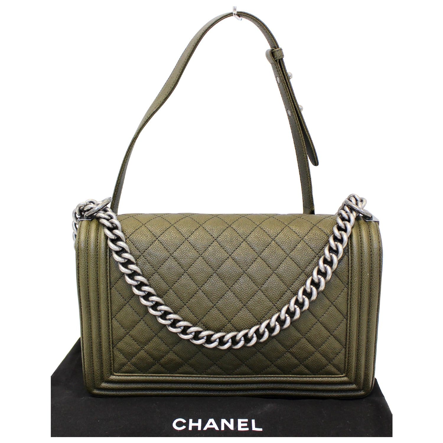 CHANEL Medium Boy Flap Caviar Leather Shoulder Bag Olive Green