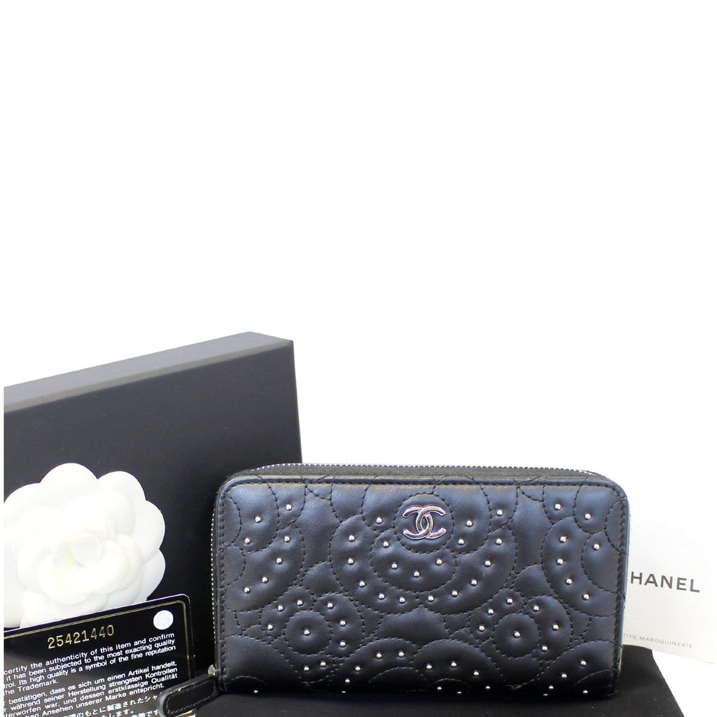 CHANEL Camellia Long Zippy studded Wallet Black