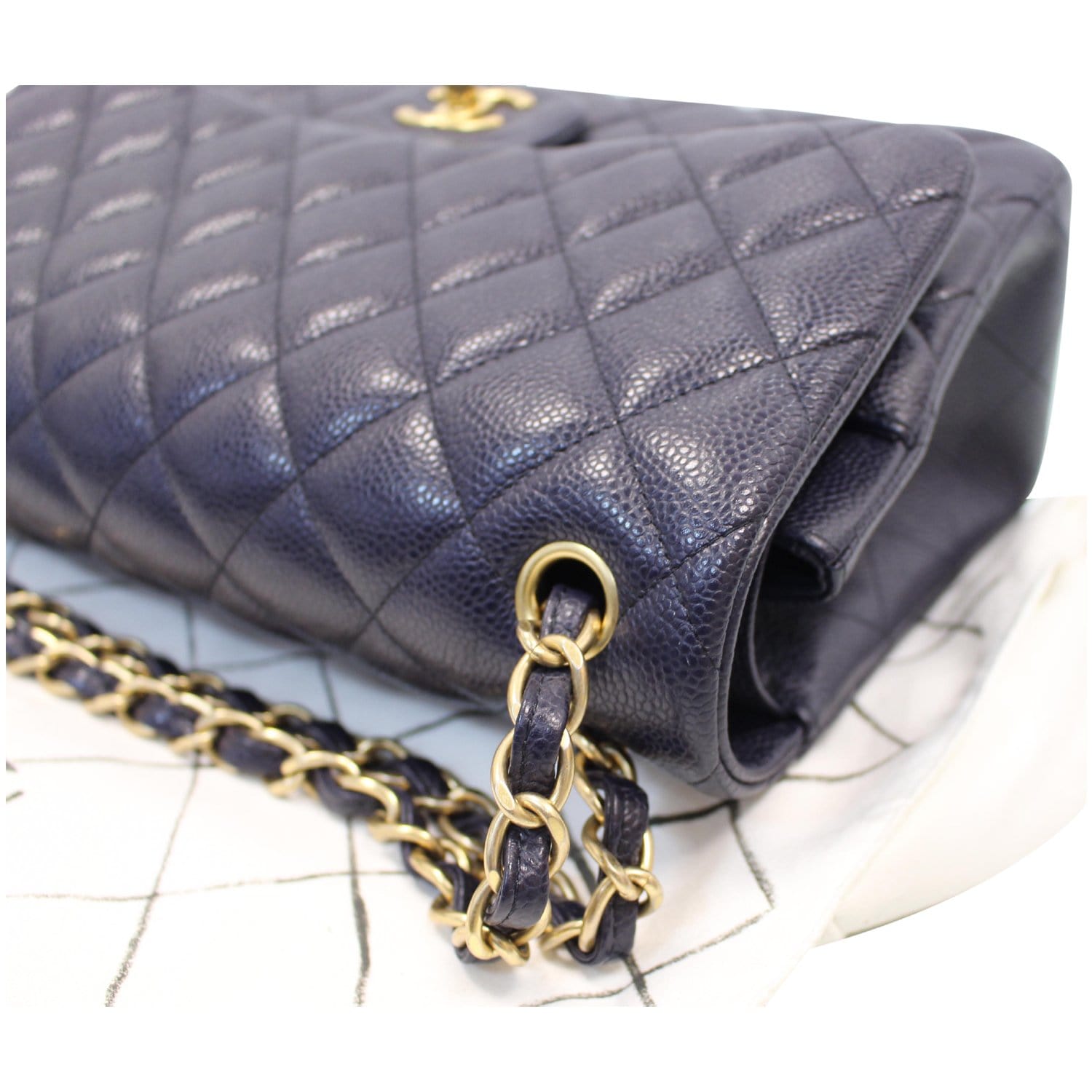 CHANEL Jumbo Double Flap Caviar Leather Shoulder Bag Navy Blue