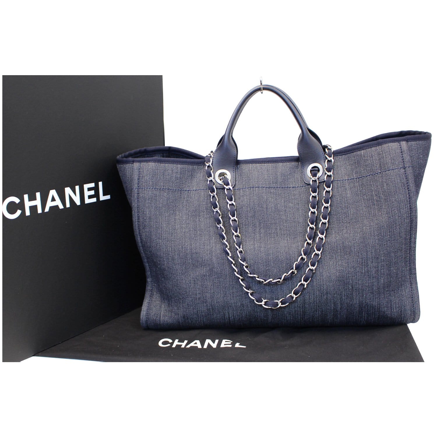 CHANEL Deauville Large Denim Shopping Tote Bag Dark Blue