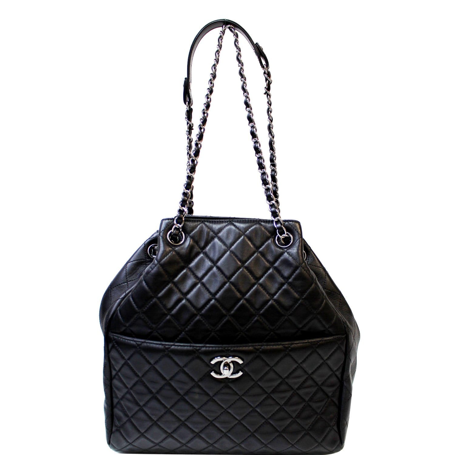 CHANEL Drawstring Bucket Quilted Lambskin Leather Shoulder Bag Black