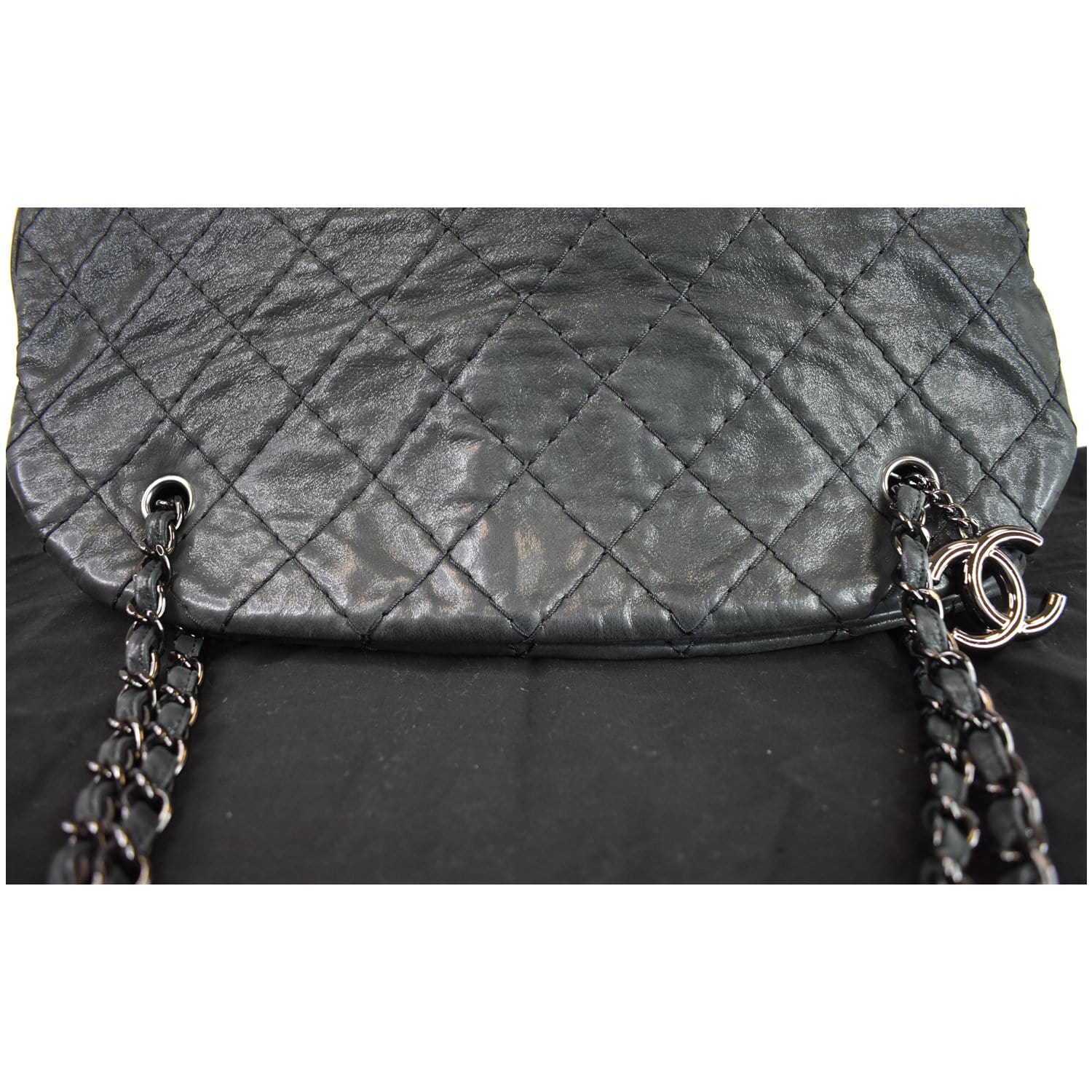 Chanel Just Mademoiselle Maxi Iridescent Leather Bowling Bag Black