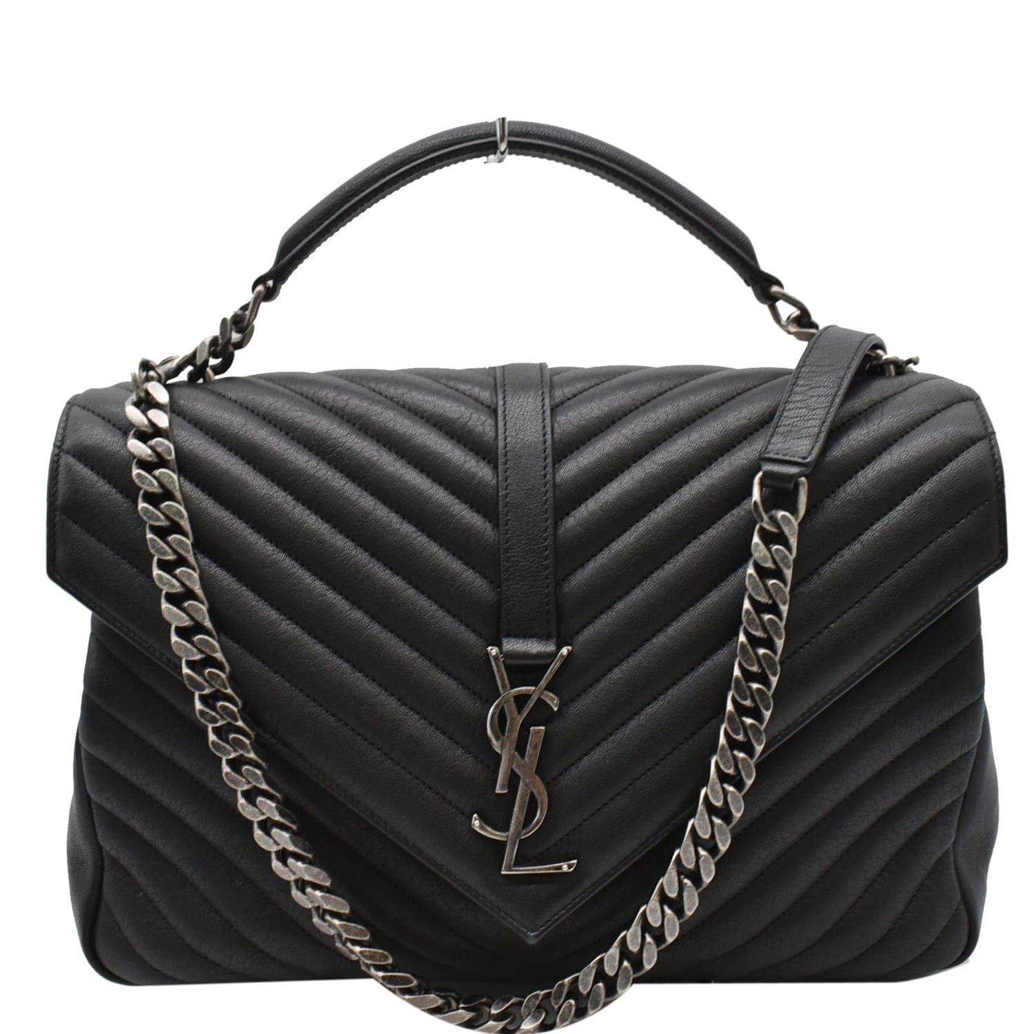 YVES SAINT LAURENT College Medium Flap Matelassé Leather Shoulder Bag Black