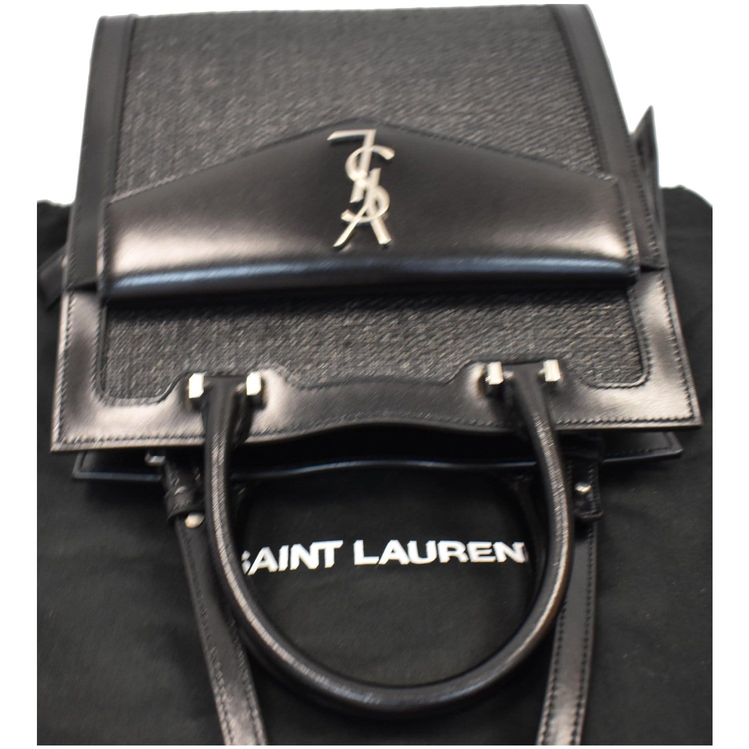 YVES SAINT LAURENT Uptown Small Canvas Leather Tote Bag Black