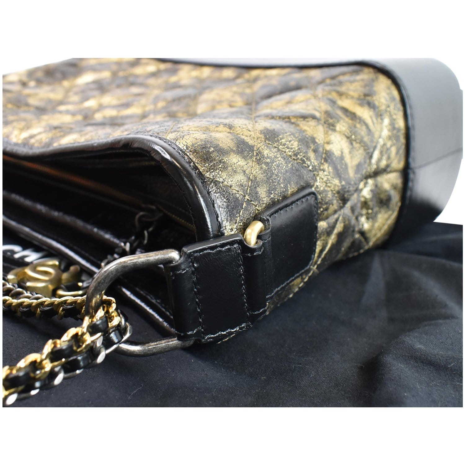 CHANEL Gabrielle Metallic Crumpled Leather Hobo Shoulder Bag Black/Gold