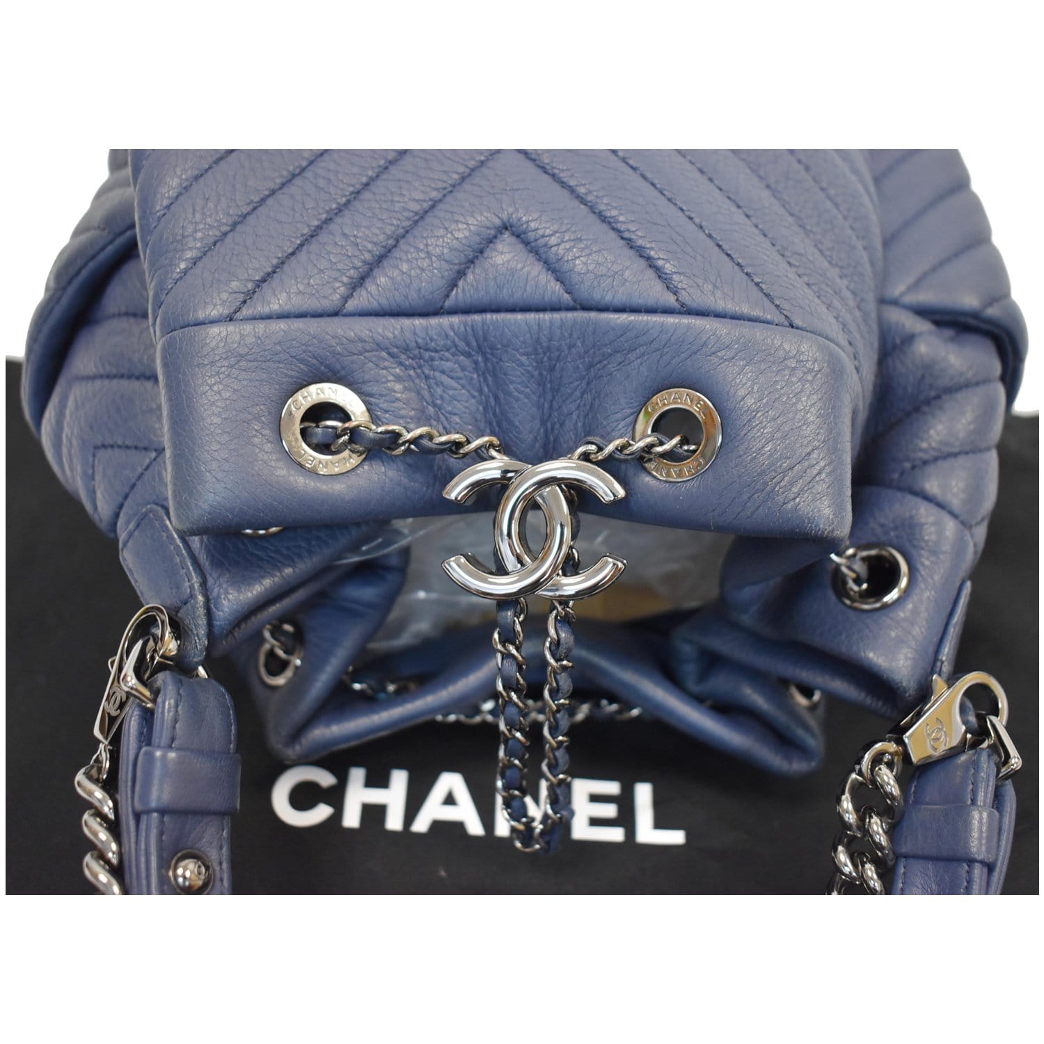 CHANEL Chevron Small CC Chain Bucket Deerskin Drawstring Shoulder Bag Blue