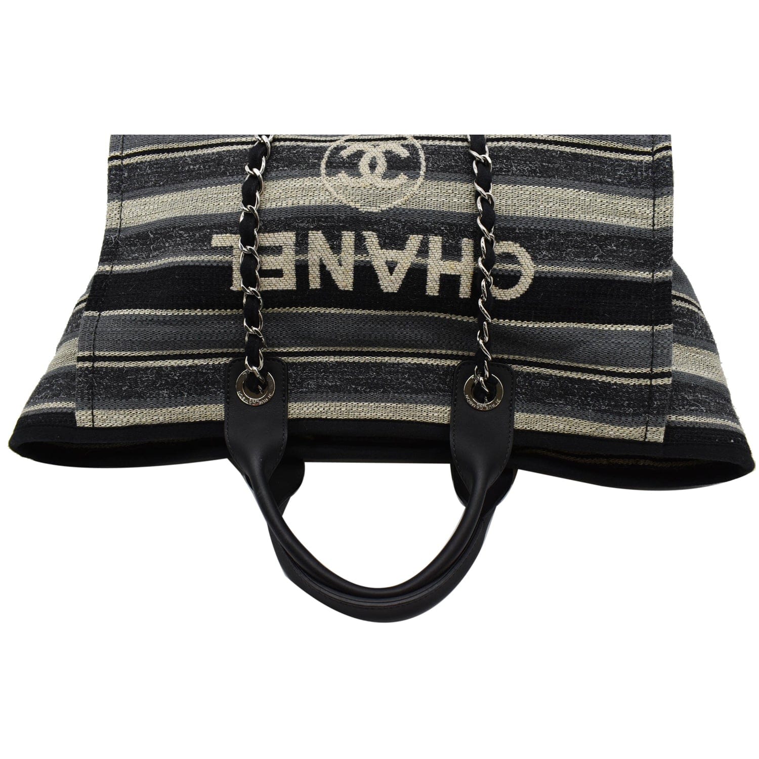 CHANEL Deauville Medium Striped Tweed Canvas Tote Bag Black/Grey