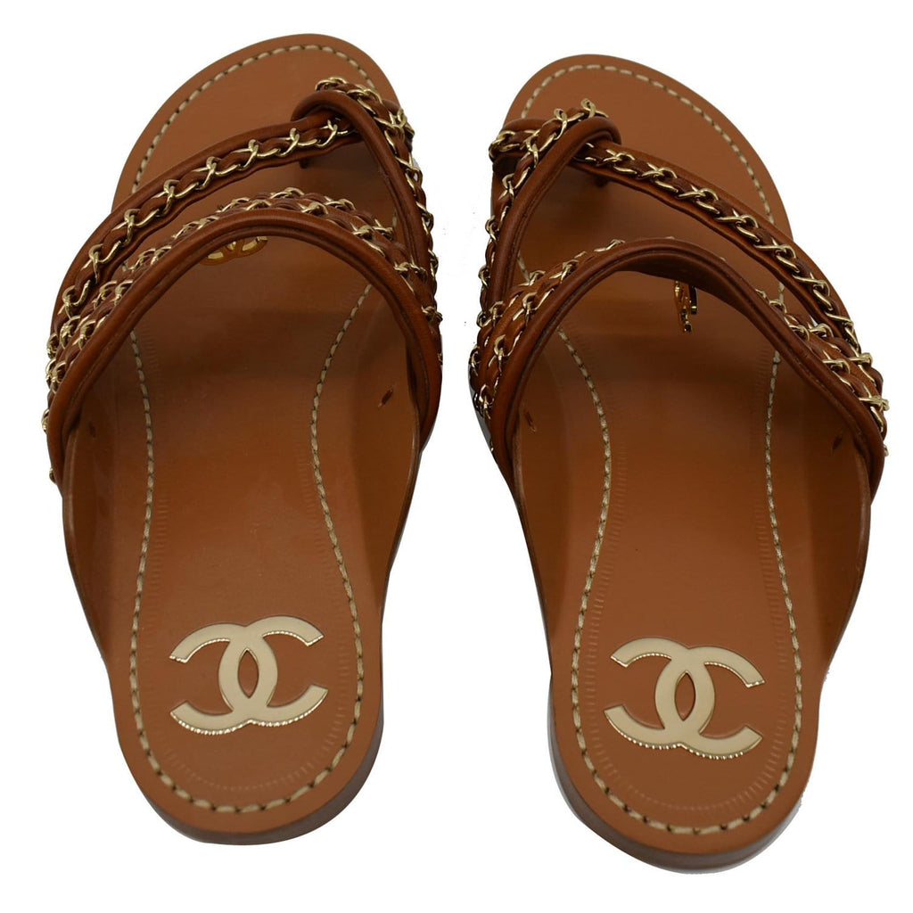 Chanel Thong CC Charm Leather Flat Sandals Brown 39