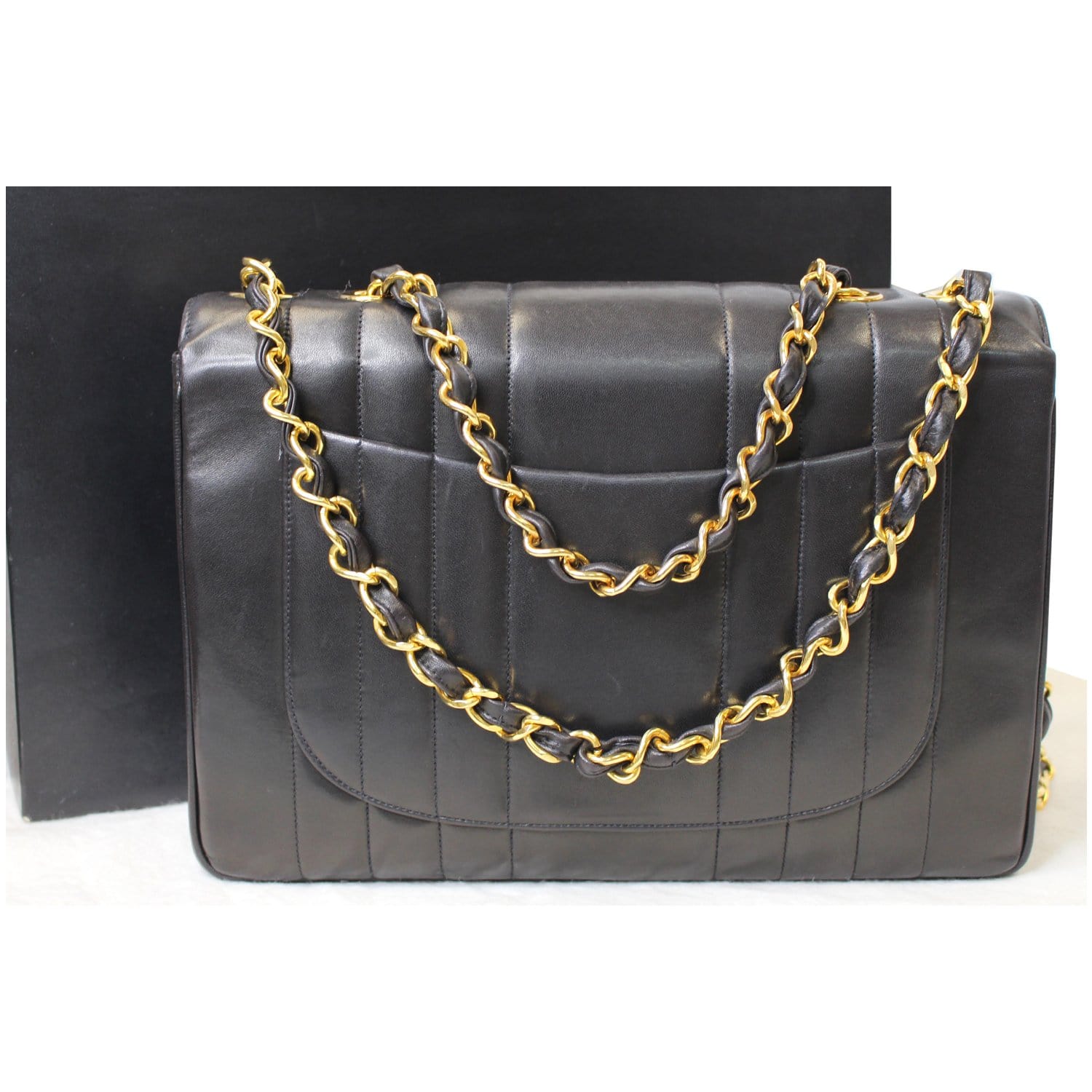 CHANEL Vintage Classic Jumbo Single Flap Vertical Lambskin Shoulder Bag Black