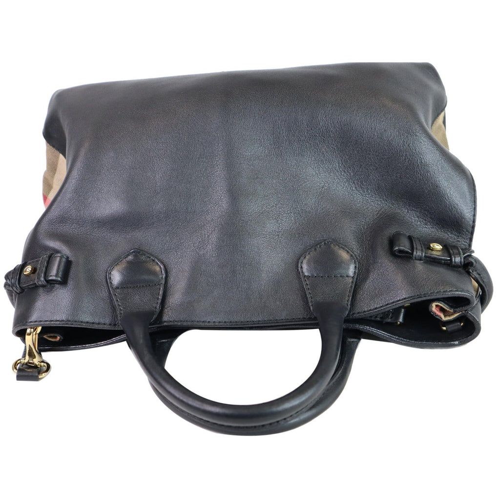 BURBERRY House Check Medium Banner Calf Leather Tote Bag Black