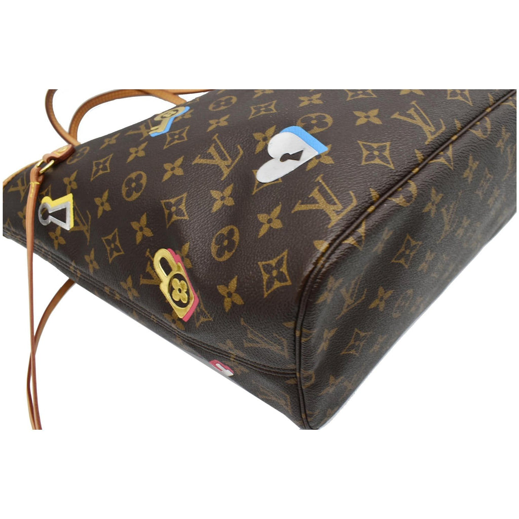 LOUIS VUITTON Love Lock Neverfull MM Monogram Canvas Tote Bag Brown