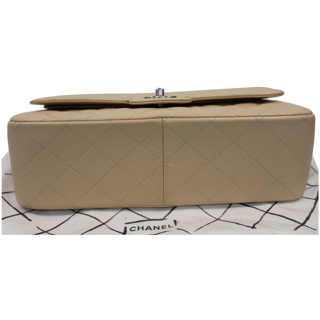 CHANEL Jumbo Double Flap Caviar Leather Shoulder Bag Beige
