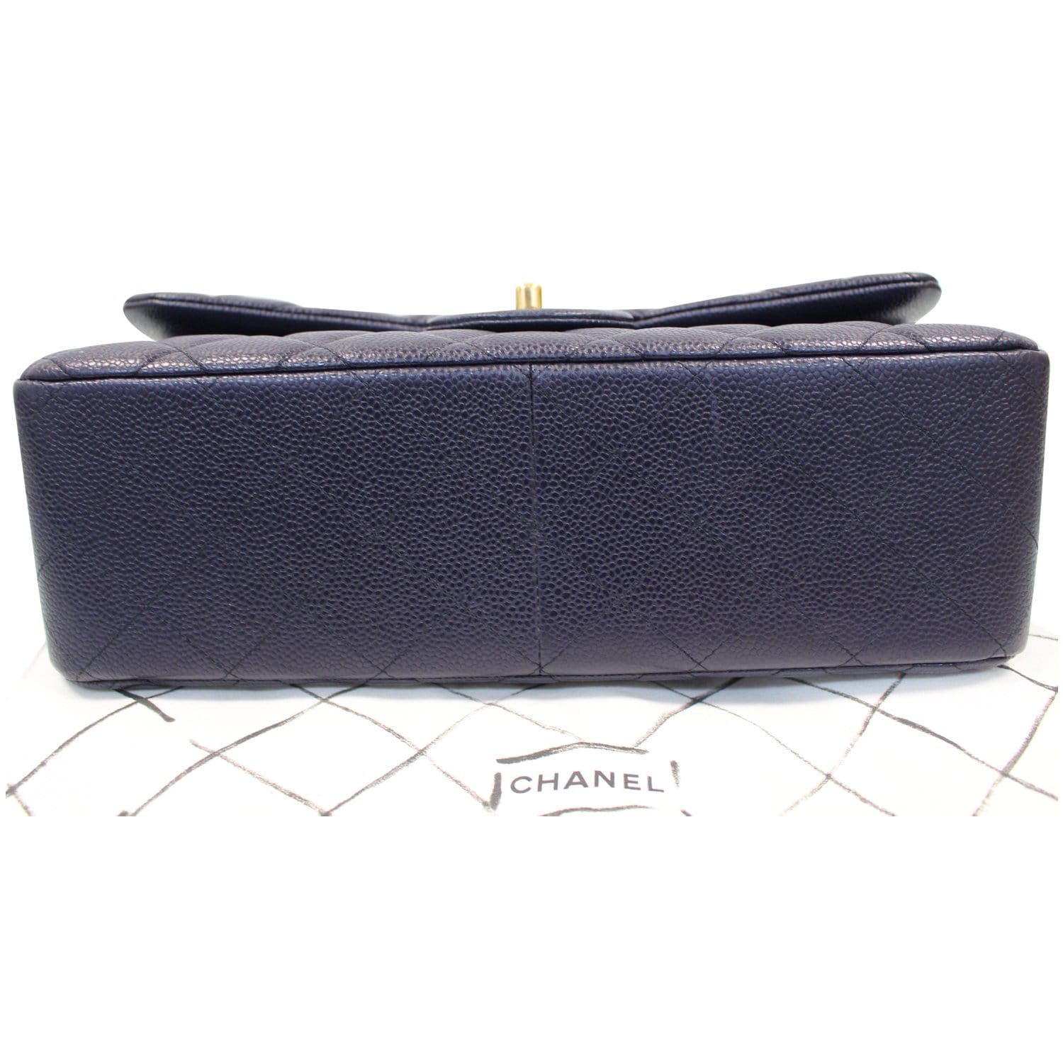 CHANEL Jumbo Double Flap Caviar Leather Shoulder Bag Navy Blue