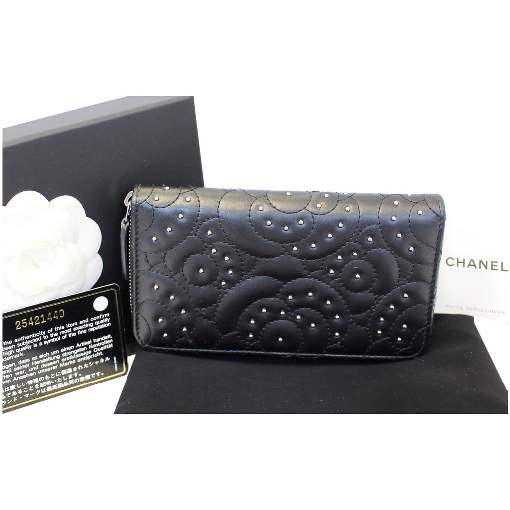 CHANEL Camellia Long Zippy studded Wallet Black