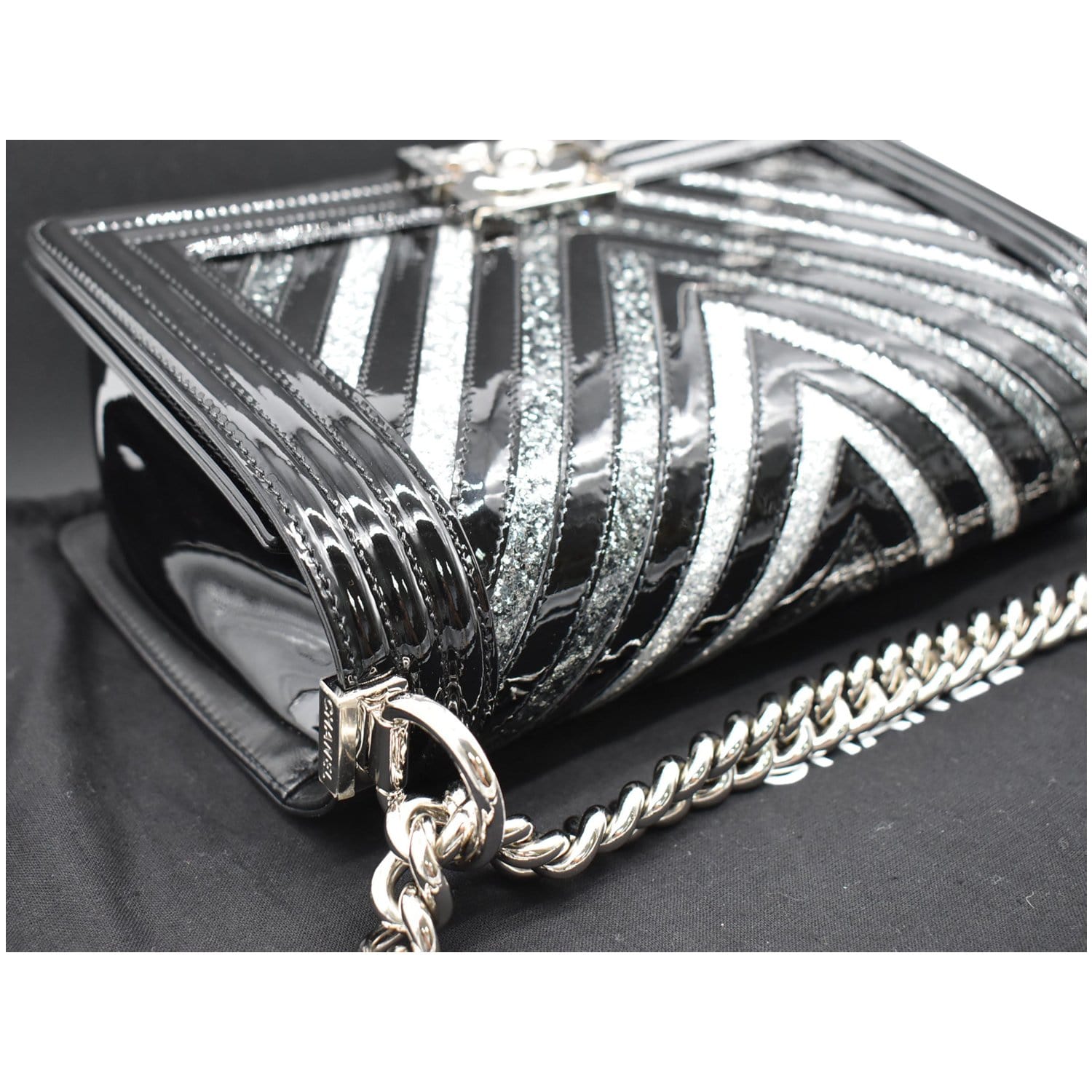 CHANEL Medium Boy Chevron Patent Glitter PVC Shoulder Bag Black
