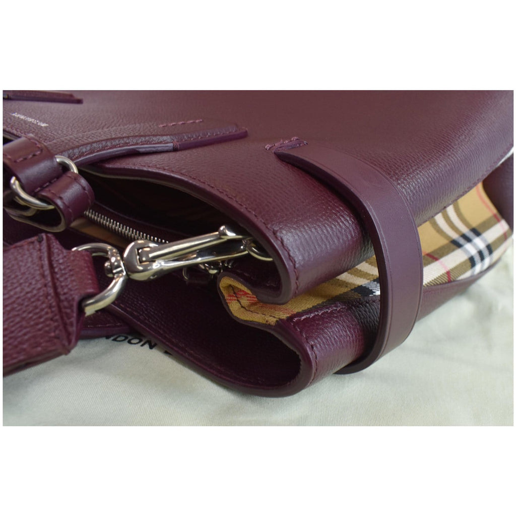 BURBERRY Medium Banner Derby Leather Tote Shoulder Bag Red