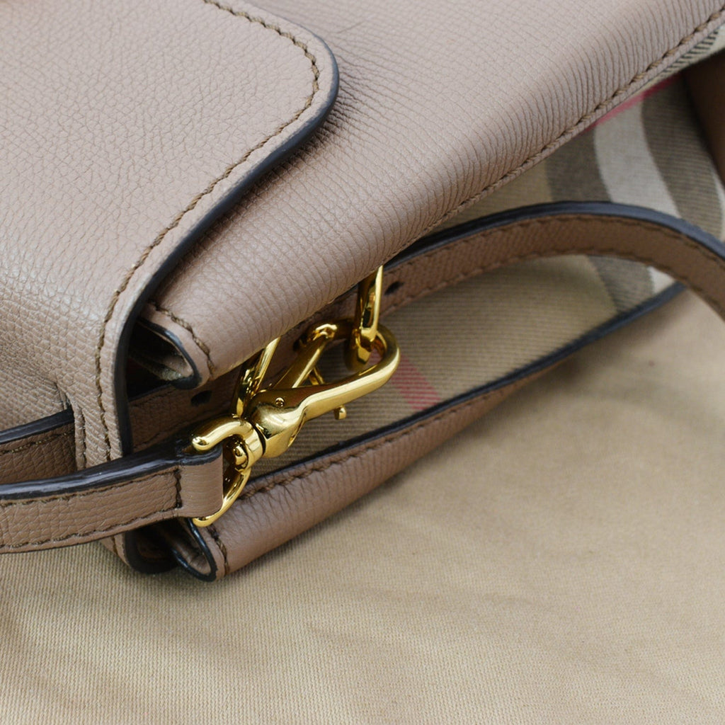 BURBERRY Medium Grainy House Check Leather Tote Shoulder Bag Dark Sand