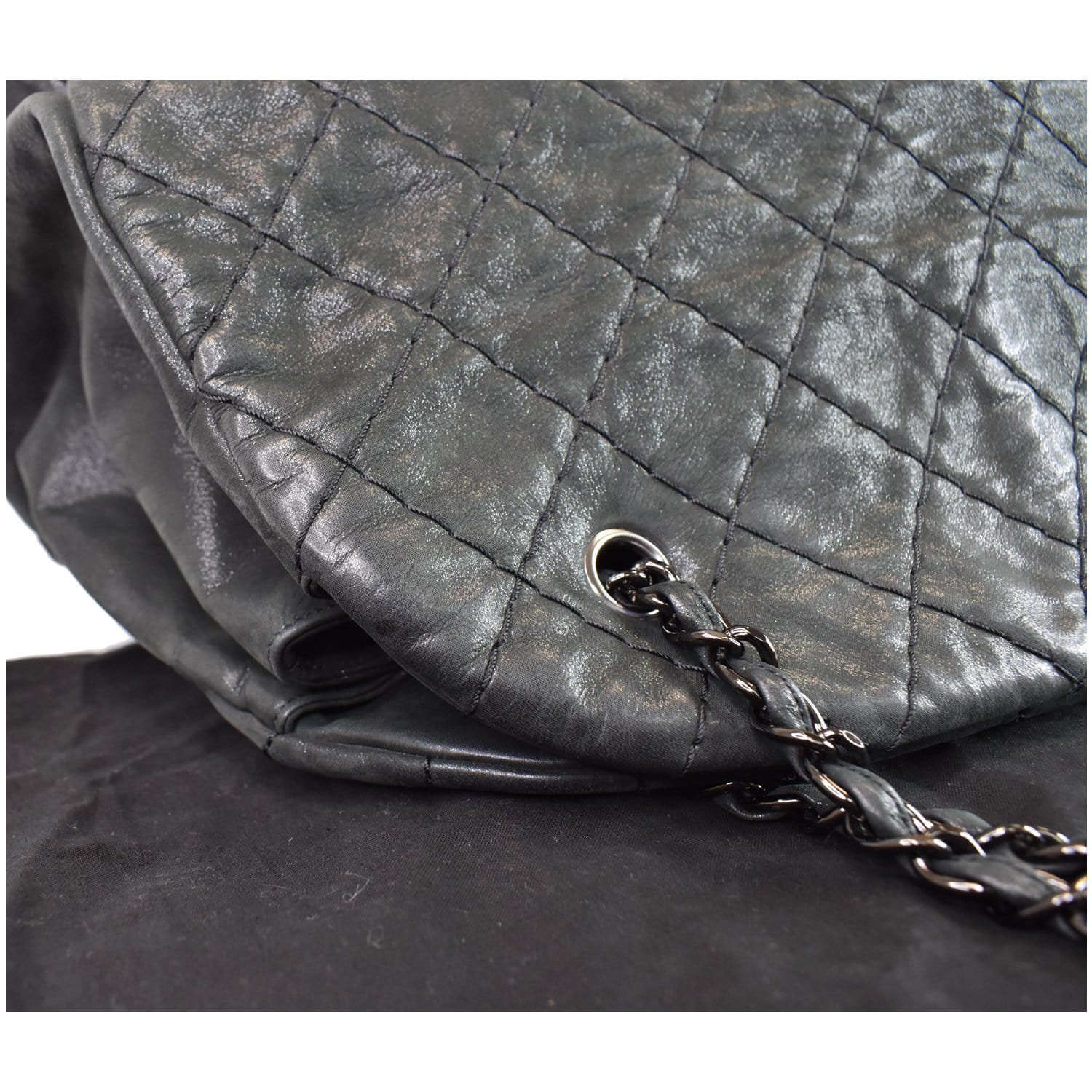 Chanel Just Mademoiselle Maxi Iridescent Leather Bowling Bag Black