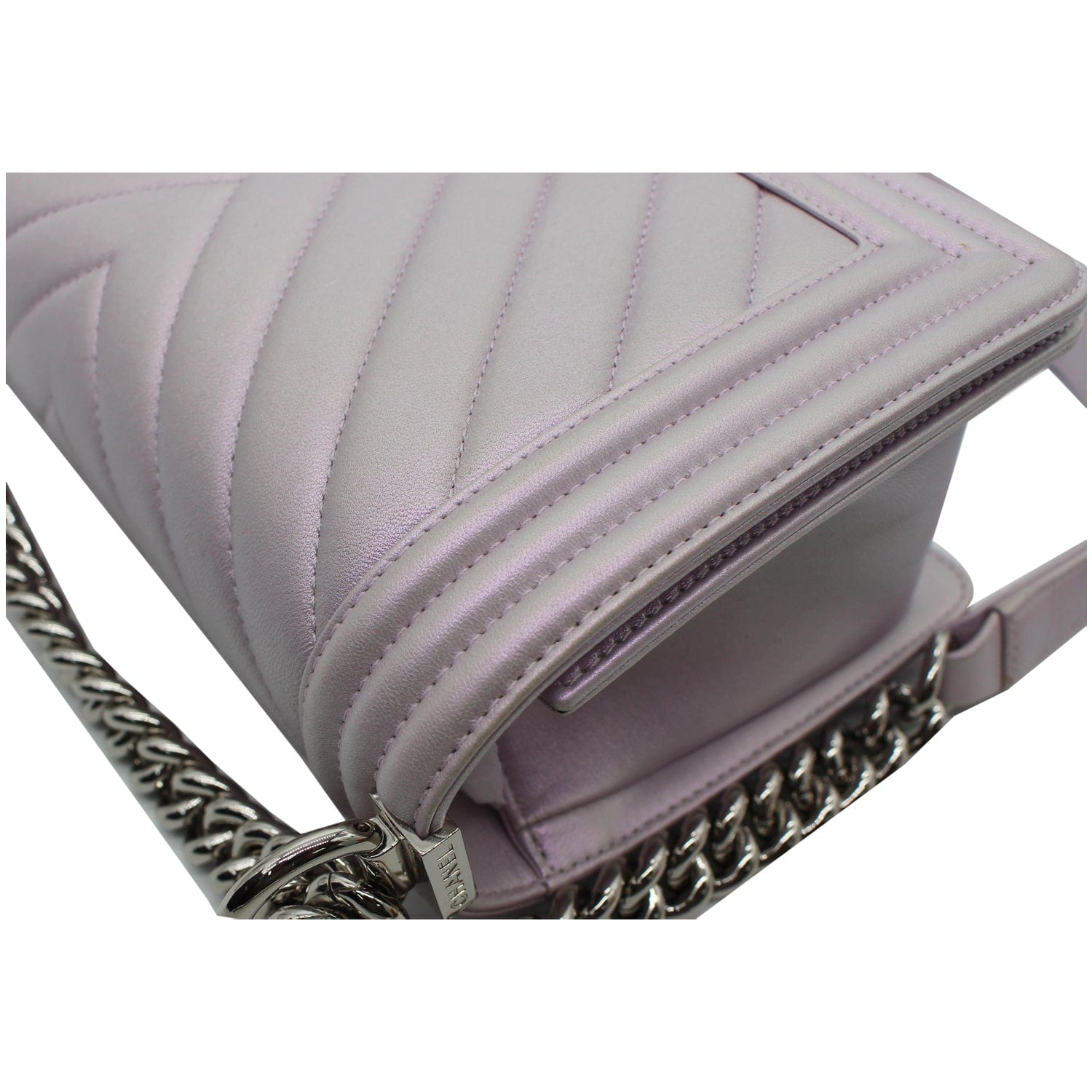 CHANEL Medium Boy Flap Chevron Leather Shoulder Bag Iridescent Lilac