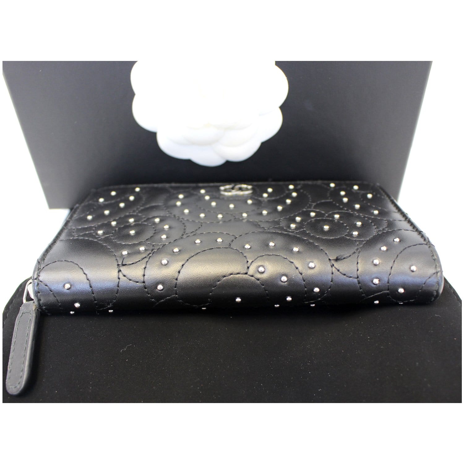 CHANEL Camellia Long Zippy studded Wallet Black
