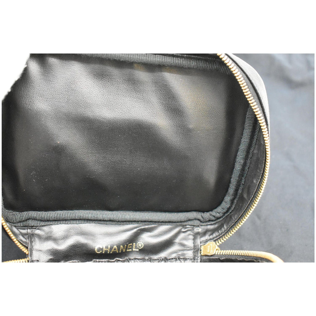 CHANEL Vintage Vanity Case Leather Chain Cosmetic Bag Black