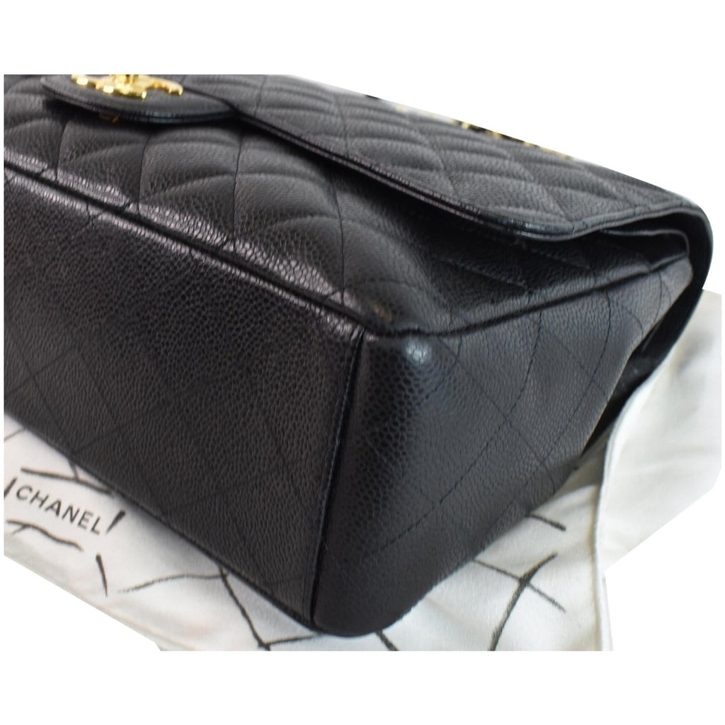 CHANEL Maxi Double Flap Caviar Leather Shoulder Bag Black