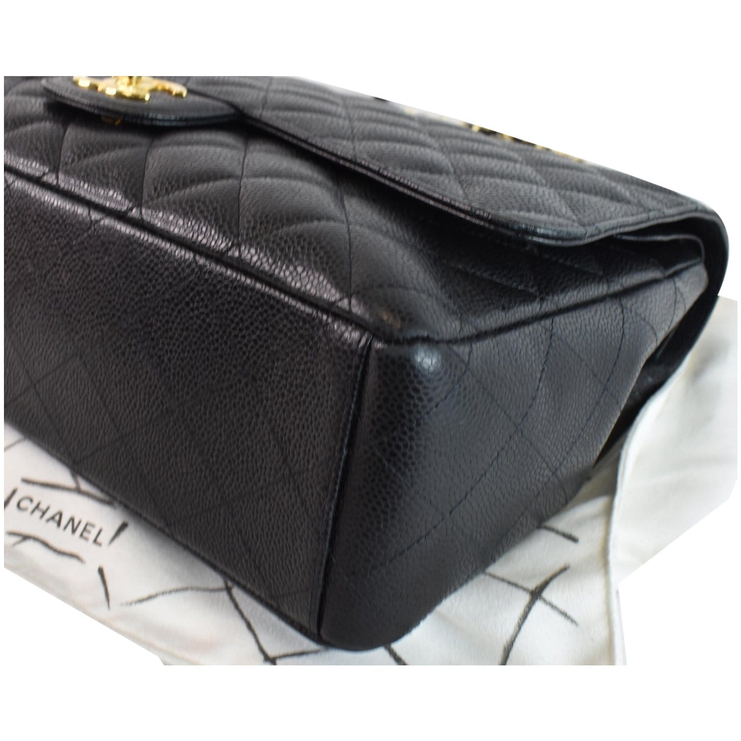 CHANEL Maxi Double Flap Caviar Leather Shoulder Bag Black