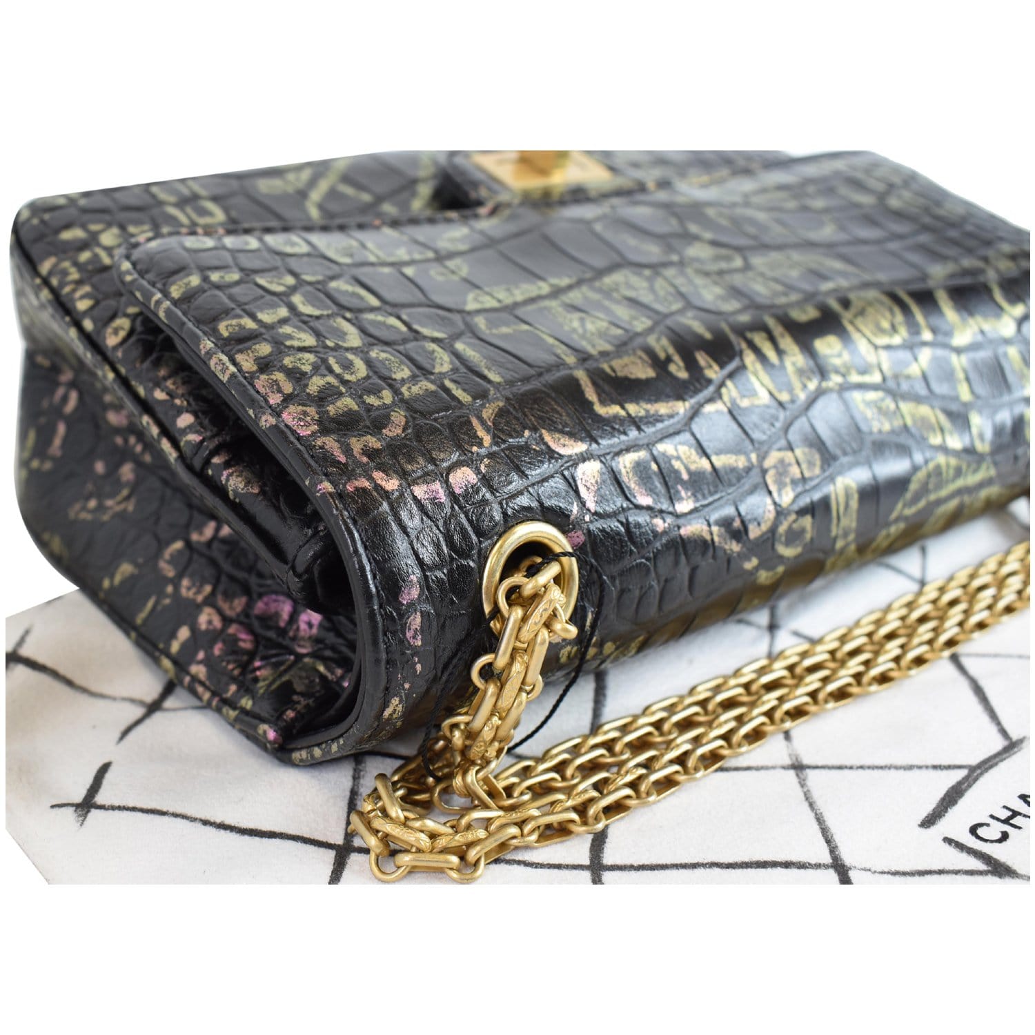 CHANEL Reissue 2.55 Flap Crocodile Embossed Graffiti Shoulder Bag Black
