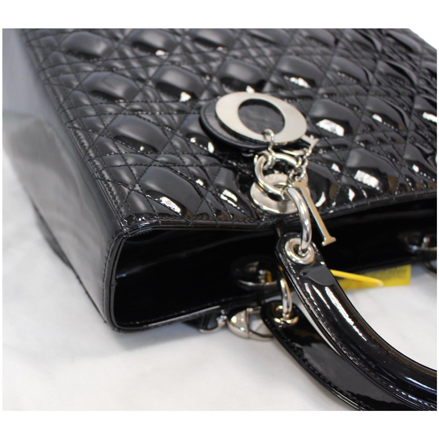CHRISTIAN DIOR Lady Dior Large Quilted Patent Leather Shoulder Bag Black