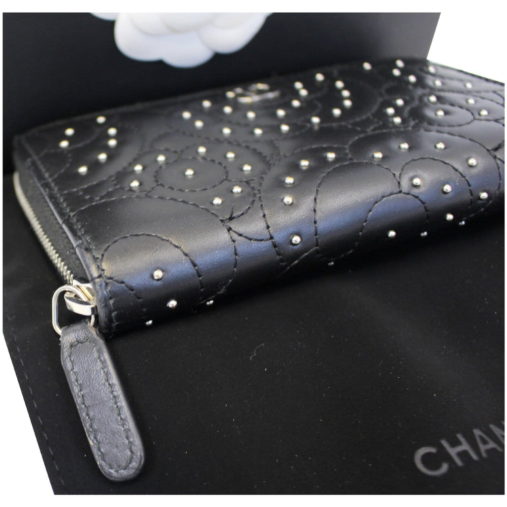 CHANEL Camellia Long Zippy studded Wallet Black
