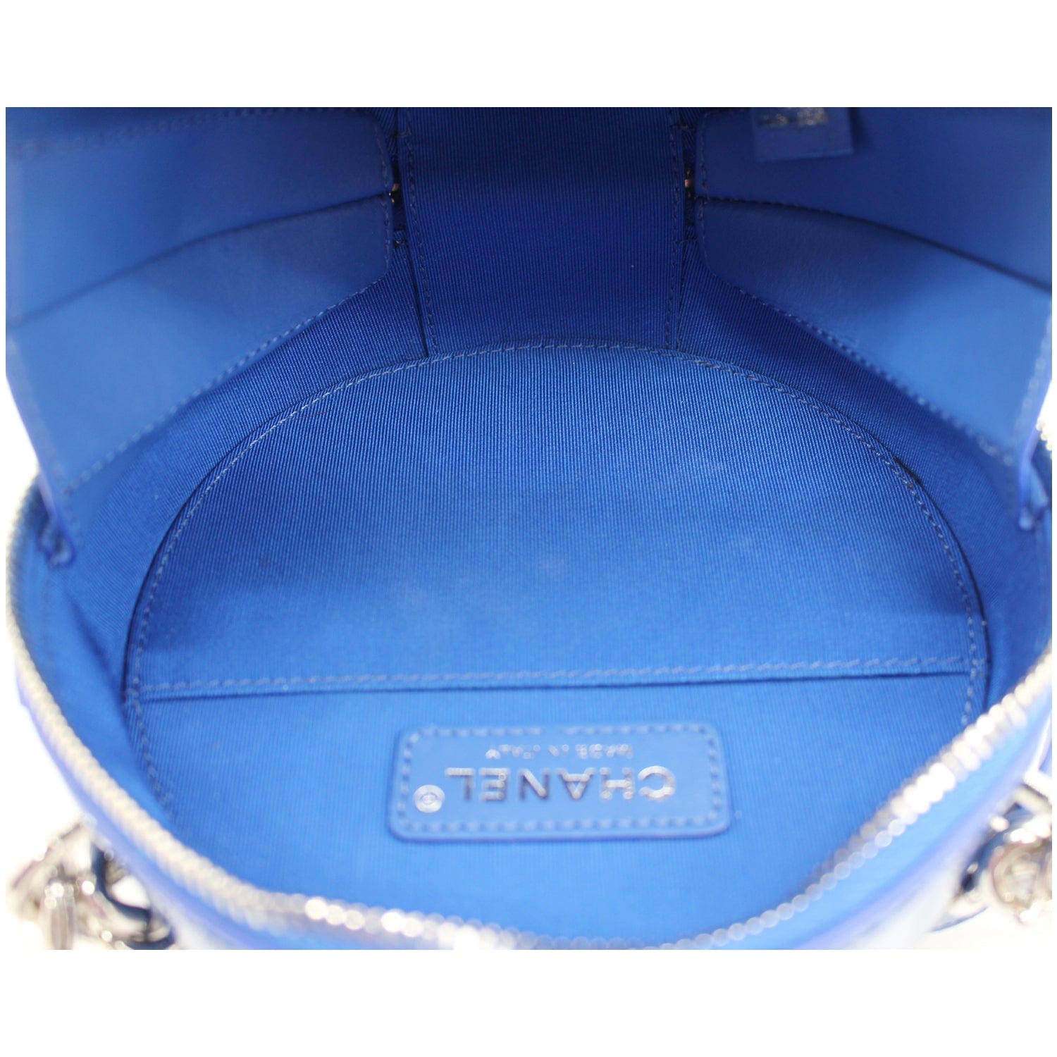 CHANEL Round as Earth Patent Leather Crossbody Bag Blue