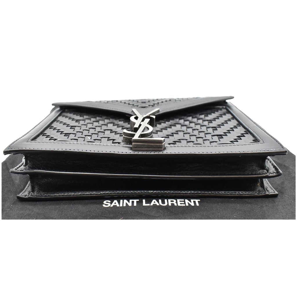 YVES SAINT LAURENT Cassandra Medium Woven Leather Chain Shoulder Bag Black