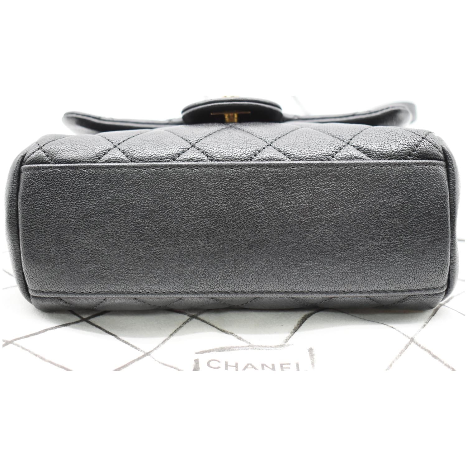 CHANEL Mini Trapezio Flap Quilted Sheepskin Leather Crossbody Bag Black