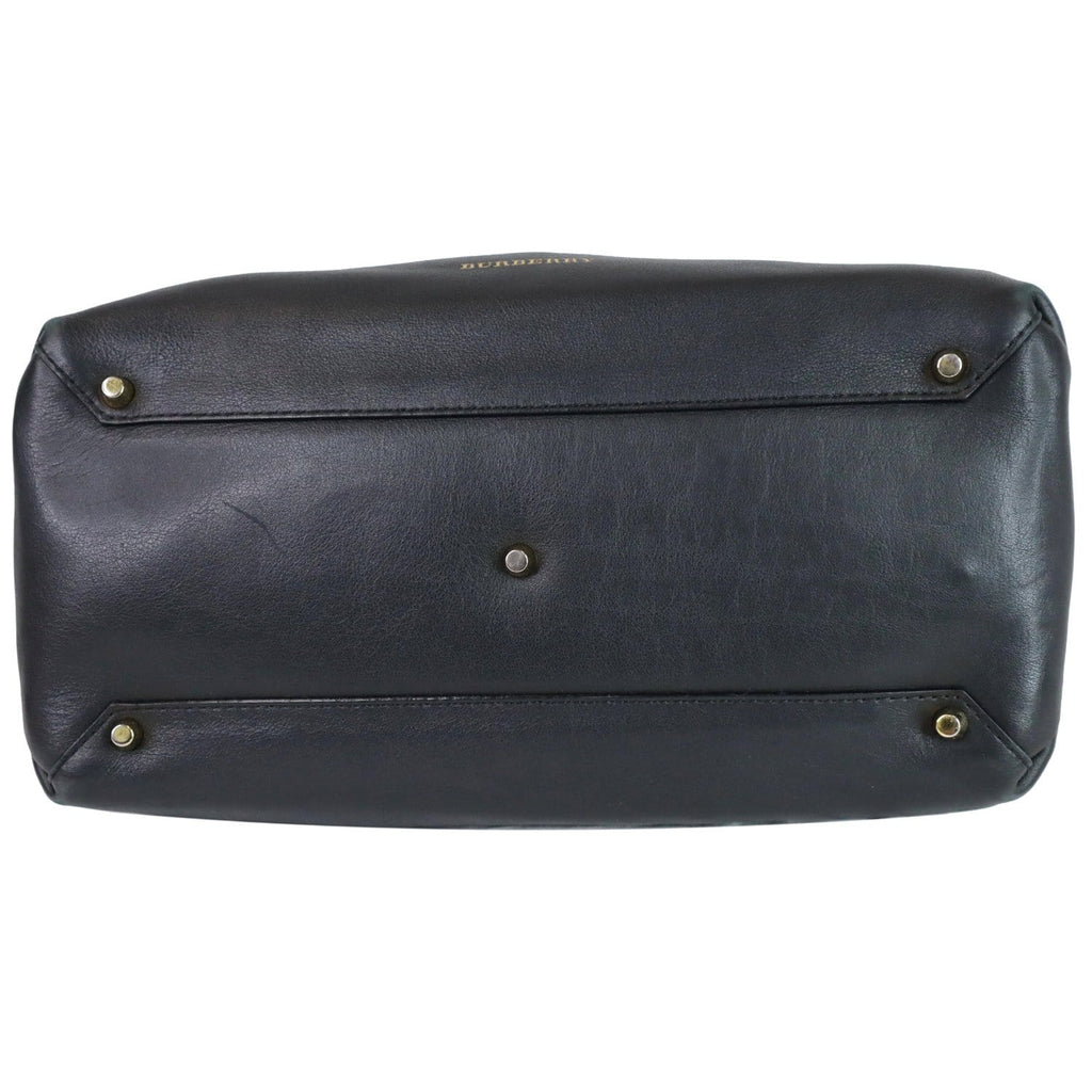 BURBERRY House Check Medium Banner Calf Leather Tote Bag Black