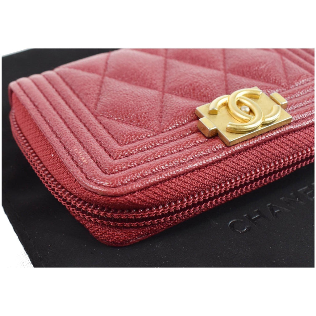 CHANEL Boy Zip Around Caviar Coin Purse Wallet Red