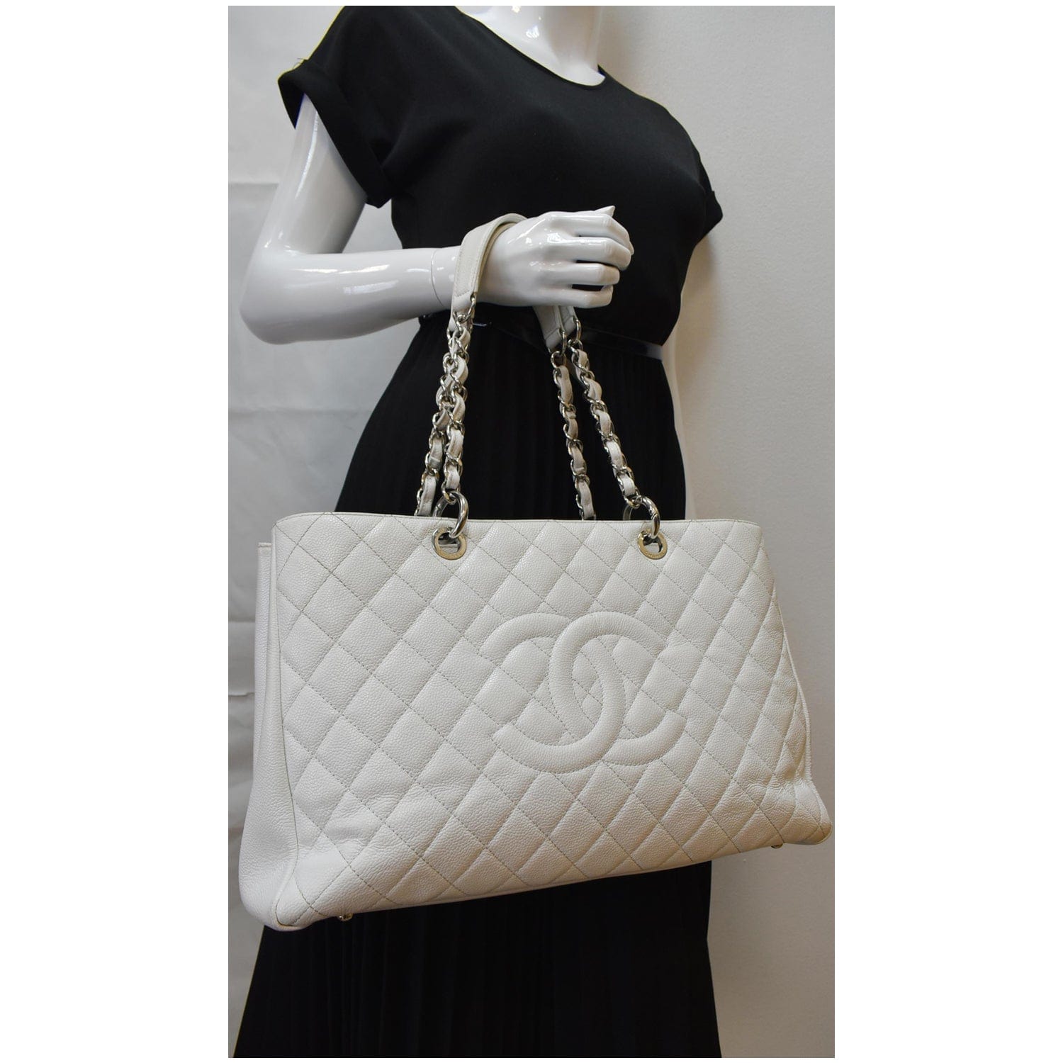CHANEL XL Grand Quilted Caviar Leather Shopping Tote Bag White